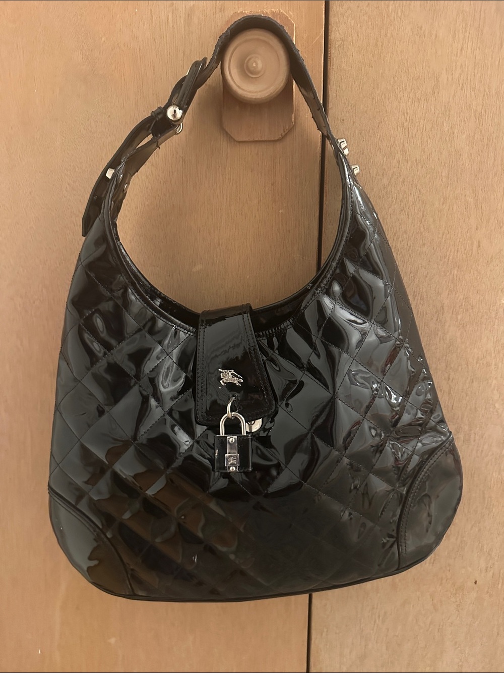 Patent Quilted Hobo Shoulder Bag - Black
